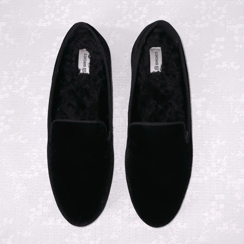 BIRDIES The Starling Velvet Flats US 8.5 Black Faux-Fur Lined Slip-On Loafer